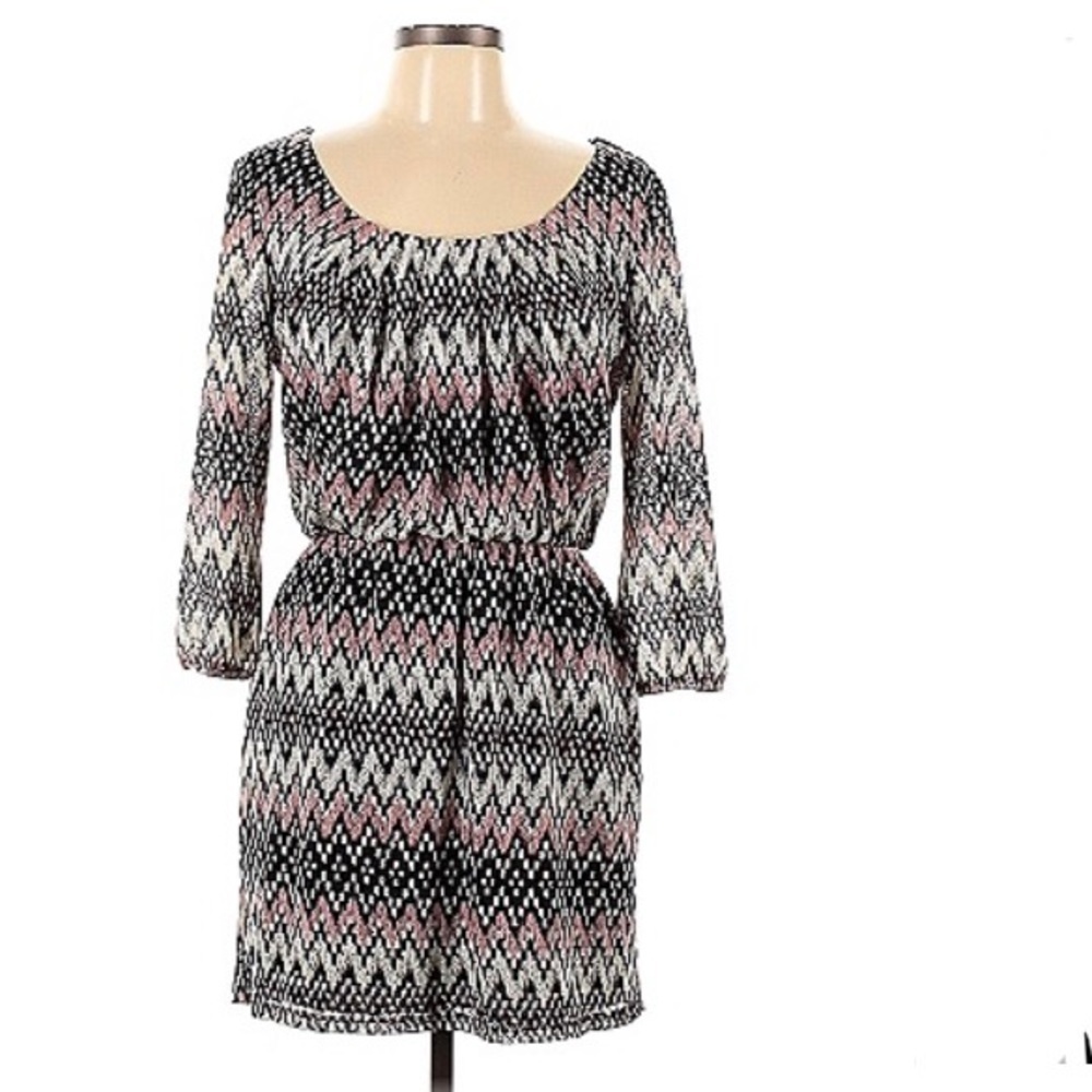 City Triangles Pink Black Chevron Scoop Neck 3/4 Sleeve Cinched Waist Dress L